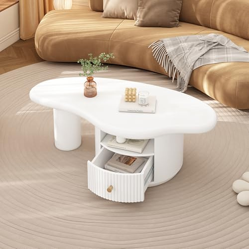 Merax Couchtisch unregelmäßiger, Modern Wohnzimmertisch in Wolkenform, elegant Sofatisch Kaffeetisch mit 1 Schubladen, offene Regale, Beistelltisch für Büro, Schlafzimmer, MDF-Tischplatte, Weiß