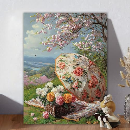 Malen Nach Zahlen Erwachsene Landschaft, Malen Nach Zahlen Kinder, DIY Kreativ Set für Frauen mit 3-Pinseln Acrylfarbe Leinwand, Paint by Numbers Regenschirm für Room Decor, Ohne Rahmen 100x130cm B-5