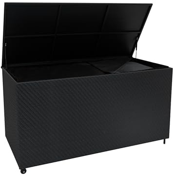 Coffre de Rangement 700 L en Rotin Noir Extérieur & Doublure Imperméable Housse Coussin Large Terrasse Cadre en Acier Résistant aux Intempéries Couvercle à Vérin à Gaz Roulettes Amovibles Rangement