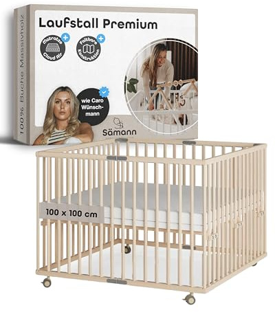 Sämann Laufstall faltbar Baby 100x100 cm mit Cloud Air Matratze | stufenlos höhenverstellbar | Laufgitter Premium | Babybett aus Holz | Krabbelgitter natur