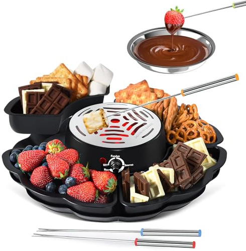 2 in 1 Smores Maker & Fondue Set, Tabletop Indoor Smores Kit, Flameless Electric Marshmallow Roaster with Temp Control, 4 Detachable Trays & 4 Roasting Forks for Parties, Movie Nights, Gifts