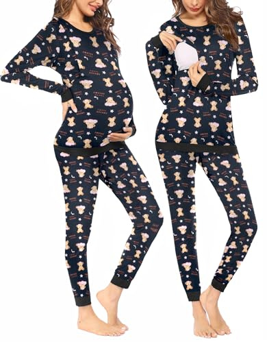 Ekouaer Still pyjamas dam långärmad mammapyjamas set graviditet tvådelat nattlinne för mor nallebjörn XL