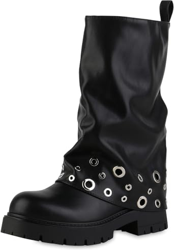 VAN HILL Damen Bikerstiefel Blockabsatz Ösen Trendy Schuhe 217553 Schwarz 39