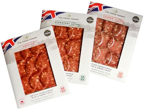 The Greek Farmer 3-Piece British Letterbox Salami Selection | Cured Meats & Cold Cuts | Artisan Charcuterie Gift Box | Free-Range Pork | 5-Star Great Taste Award | Ideal Foodie Gift & Savoury Hamper