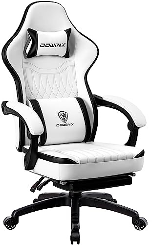 Dowinx Gaming Stuhl mit Federkissen & Massagefunktion, Hoher Racing Bürostuhl mit Verstellbarer Lendenstütze, Ergonomischer PC Stuhl mit Fußstütze in PU Leder (Schwarz Weiß)