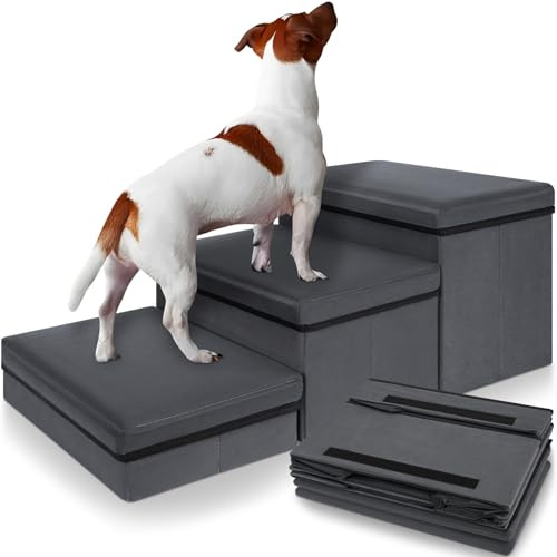 OUUTMEE Escalier pour Chien à 3 Marches, Escalier pour Animaux avec Rangement Intégré, Escalier Chien Pliable Antidérapante pour Chiots, Chats Petits/Moyens et Animaux Agés, Lit et Sofa (Gris)