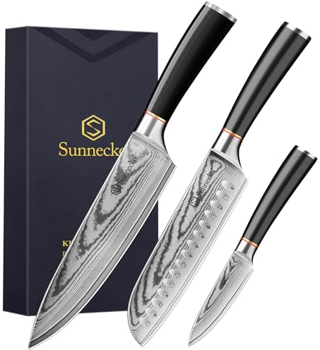 Sunnecko Damast Messerset 3-tlg Damst Kochmesser set | Professionelle Küchenmesser Set mit Kochmesser, Santoku & Schälmesser, Ergonomische Griffe, Geschenkbox