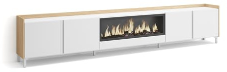 Skraut Home | Mueble TV | Muebles de salón, almacenaje | 315x61x35 cm | para televisión hasta 80 | Chimenea eléctrica XXL | Diseño Industrial | Estilo Moderno | Blanco y Roble Soft