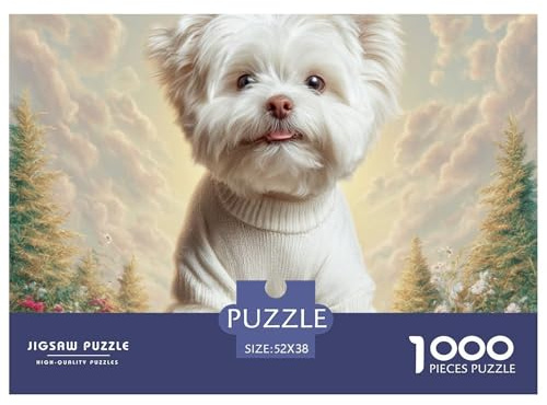 Puzzle 1000 Pezzi Maltese Bianco Prato Fiorito, Gioco Rilassante Sfidante Decorazione Familiare 52x38cm
