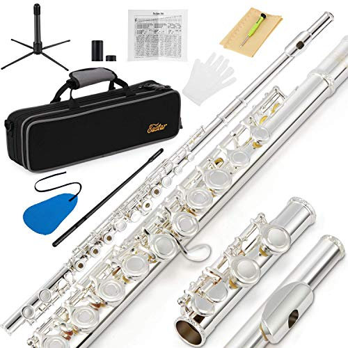 Eastar C-Flöten Offenes Loch 16 Tasten Flöte für Anfänger, Kinder, Schüler, Flöteninstrument mit Grifftabelle, Reinigungsset, Ständer, Tragetasche, Handschuhe, Stimmstab, Silber, EFL-2
