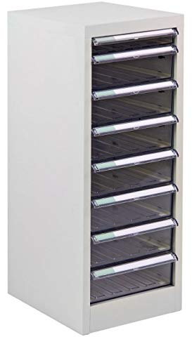 Stahlblech Schubladencontainer mit 8 PVC-Schubladen, Maße: 28x35x74,5 cm, für DIN A4, lichtgrau RAL7035