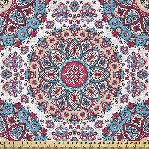 ABAKUHAUS Ethnisch Stoff als Meterware, Orientalische Art Floral Retro, Microfaser Stoff für Dekoratives Basteln, 1M (230x100cm), Türkis Hellrosa und Pink