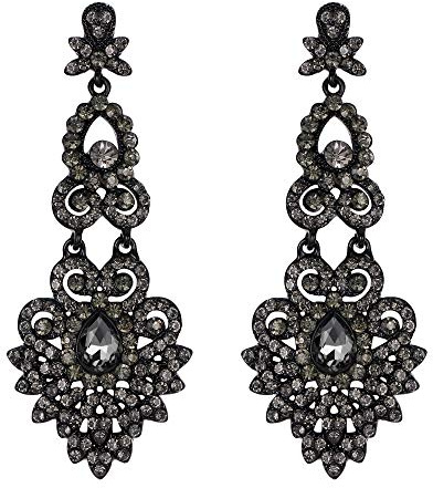 EVER FAITH Mujer Cristal Austríaco Boda Vintage Estilo Floral Hoja Araña Pendientes Colgante Tono Negro Ligero