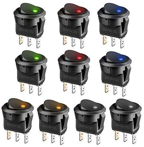 TOKERD 10 pièces Interrupteur 12v Lumineux led Interrupteur a Bascule 12v 3 positions Verrouillage Commutateur Spst Bouton Ronde pour Voiture Bateau Appareils Ménagers, avec 5 Couleur