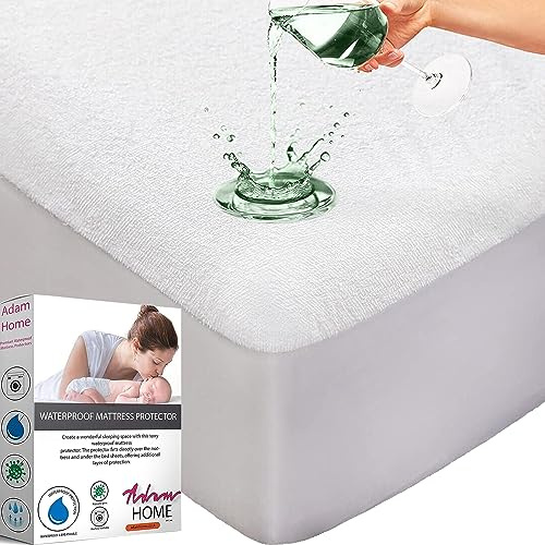 Adam Home Terry Cotton Waterproof Mattress Protector | Breathable Water & Moisture Proof Anti Allergic & Anti Dust/Mite Extra Deep Fitted Sheet Terry Mattress Case Covers White Small Double