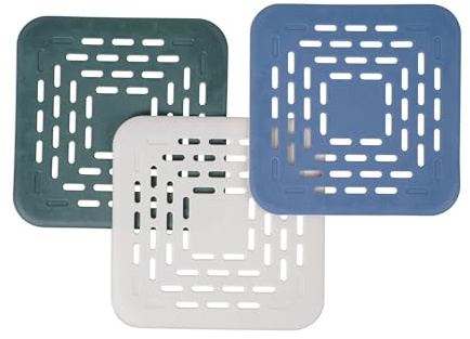 Filtri per Scarico del Lavello, 3 pezzi, 13 x 13 cm, colori bianco, verde e blu, per l’acquaio della cucina, Forte tenuta con 4 ventose, Libera gli scarichi dai residui di cibo, Vasca da bagno