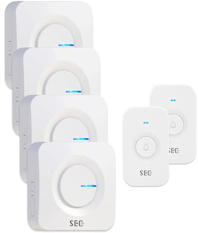 Funkklingel,SEC24 Türklingel Funk Set,Funk Türklingel Kit | 2 Klingeltaste für die Haustürklingel,52 Melodien, 5 Lautstärkestufen, 2 Plug-In-Gong, 2 batteriebetriebener Gong,Weiß