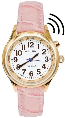 MAUJOY Orologio parlante da donna (cassa placcata oro e cinturino in pelle rosa) accento francese chiaro e forte, indica ora, data e allarme, ideale per gli anziani