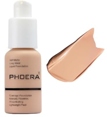 PHOERA Foundation,Full Coverage Flawless Soft Matte 24 HR Oil Control Waterproof Concealer Liquid Foundation Makeup.(1 Pcs-103# Warm Peach)