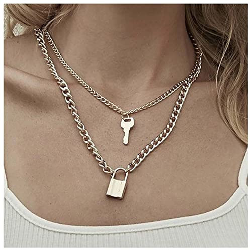 Inilbran Boho Key Lock Necklaces Chain Padlock Pendant Necklaces Gold Lock Chain Necklace Chunky Link Chain Necklace Gold Layered Curb Chain Necklaces Jewellery for Women