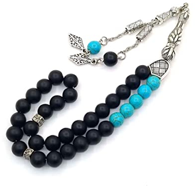 Perlin Gebetskette Tesbih Tasbih Tespih Misbaha Subha 33, 27cm, Muslimisches Islamic Rosenkranz Prayer Anbetungszubehör 8mm Halbedelstein Türkis Onyx Schwarz Perlen Kugel