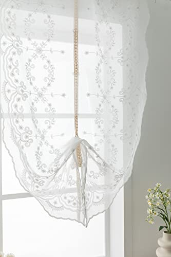Lactraum Raffrollo Raffgardine Küche Weiß Tranparent Bestickt Vintage Eisblume Blumen H190 x B60 cm (1er Pack)