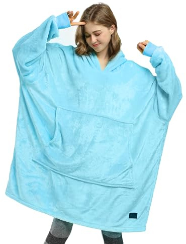 Catalonia Classy Übergroße Fleece Hoodie Decke Blau, Warme Großes Kapuzendecke Tragbare Decke zum Anziehen, Flauschige Kapuzenpulli Decke mit Ärmeln und Kapuze als Geschenkidee für Damen und Herren