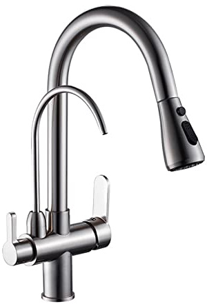 Robinet 3 Voies Osmoseur de Cuisine Mitigeur Avec Douchette 2 Jets Extractible Pour Purificateur d'Eau - Évier Brossé