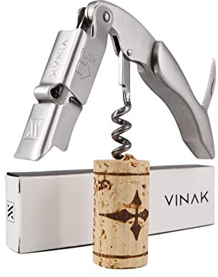 VINAK Sacacorchos camarero profesional XPERT INOX en acero inoxidable con doble apoyo articulado + abrebotellas + navaja cortacápsulas y espiral profesional