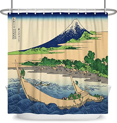 SDOTPMT Ukiyo-e Rideau de douche en polyester avec crochets Motif paysage du mont Fuji 122 x 183 cm