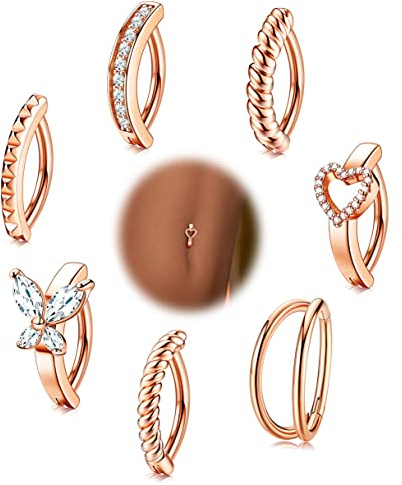 Kakonia 7 Stück Bauchnabelpiercing Barbell,14G Chirurgenstahl Fake Piercing Bauchnabel für Damen,Mode Herz/Schmetterling/CZ Bauchnabelring Piercing Schmuck