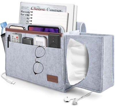 ERKOON Betttasche Bett Organizer EinhäNgen, Betttasche Zum EinhäNgen Dickerem Filz Rutschfeste Mit Schnalle Baby Kinder Fernbedienungshalter Sofa Bedside Hanging Storage Organizer(Hellgrau)