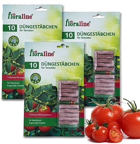 floraline® | 30x Tomaten - Düngestäbchen | pro Stäbchen: Tomatendünger für bis zu 3 Monate hohe Ernten und schmackhafte Früchte pro Stäbchen | Schonende & kinderleichte Anwendung