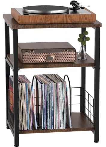 Tuohours Record Player Stand, 3 Tier Side End Table with Vinyl Record Storage Basket, Turntable up to 100 Albums Record Shelf Display Holder Cabinet for Living Room, Bedroom, Office, Black