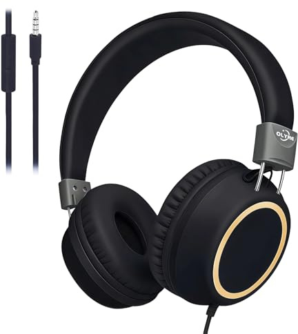 Olyre Kids Headphones Wired with Microphone 3.5mm Jack Lightweight Foldable Toddler Headphones for School & Travel, Braided Cord Durable Design for Boys & Girls (Black)