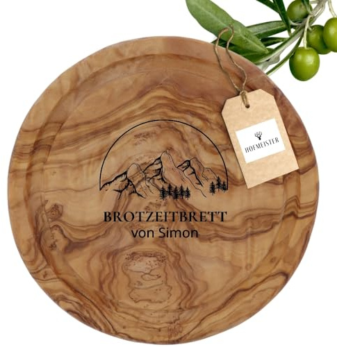 HOFMEISTER® Brotzeitbrett Gravur personalisiertes Geschenk - Vesperbrett aus Olivenholz mit Saftrille, Jausenbrett, Burgerbrett, Geschenkidee zum Geburtstag, für die Brotzeit, rund, 20 cm