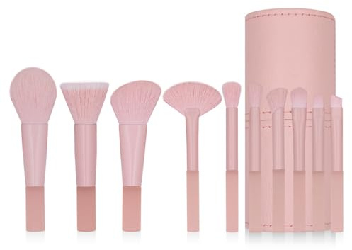 COSHINE Cute Pink Traveling Makeup Brush Set, Portable 10pcs Easy-taken Mini Full Complete Function Cosmetic Brushes Kit with Brush Holder