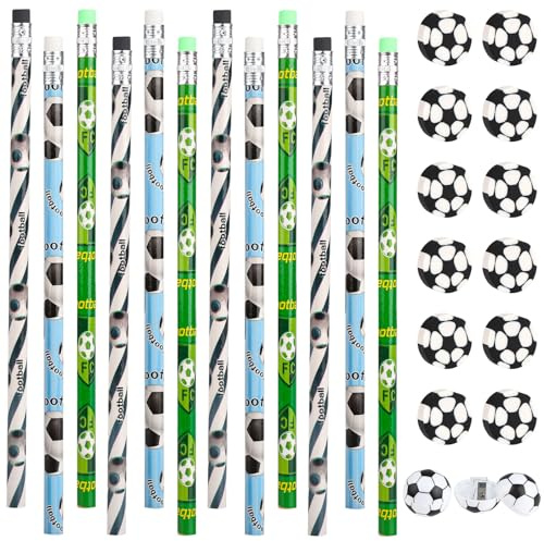 Juego de 12 lápices HB de madera, 12 gomas de borrar y 2 sacapuntas, bolígrafo de grafito, novedad para bolsas de fiesta, regalo de fútbol, para niños, estudiantes y adultos