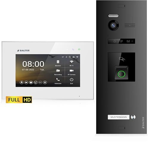Balter EVO-HD Video Türsprechanlage mit Fingerprint, Video Türklingel, 1 Familienhaus, 1x 7 Zoll Monitore, Türklingel mit Kamera Full HD, 2 Draht Bus, 175° Weitwinkel, RFID,1080P