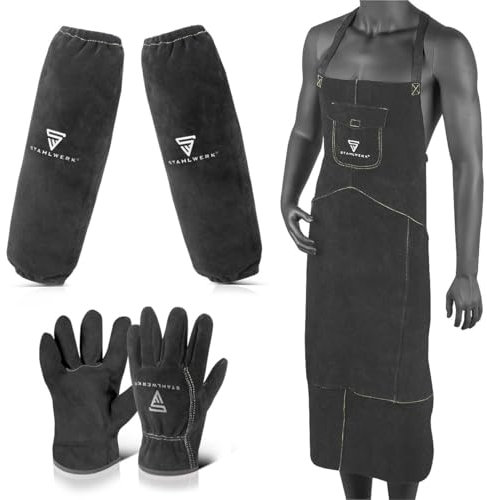 STAHLWERK Schweißerschutzkleidung Set mit Schweißerschürze, Schweißerärmeln und Schweißerhandschuhen PSA zum Schweißen und Plasmaschneiden
