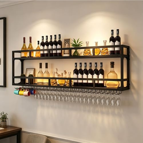 Botellero Vino Pared con Luz Mueble Bar Garrafeira Mini Bar Wine Rack Mueble Comedor Cocina con Soporte Copas Colgante Estantes de Almacenamiento para Bar Sala de Estar y Cocina(Black,2 LAYERS_100CM(3