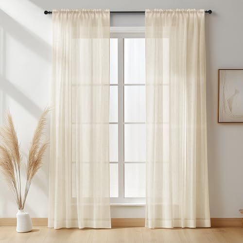 NAKIHOUSE Linen Voile Curtain, 2 Panels Natural Linen Net Curtains for Windows 96 Drop, Slot Top Light Filtering Semi-Sheer Voile Curtains for Living Room, Breathable & Graceful Window Drapes