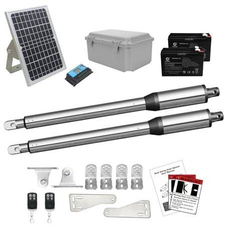 JUJIANG C01 Ouvre-portail solaire avec piles et panneau solaire pour portails battants doubles jusqu'à 200 kg par bras Ouvre-portail automatique avec télécommande Kit complet Ouvre-portail automatique
