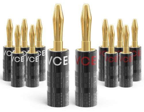 VCELINK Banana Plugs with Dual Set Screws, 24K Gold Plated, 6 Pairs | Metal Shielded Housing, 4mm Speaker Connector for 12-18 AWG Speaker Wires, Home Cinema, Hi-Fi Amplifier, Stereo, AV Receiver