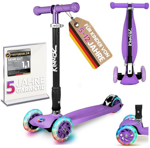 Kinderroller ab 5-12 Jahre kinnaz Two, LED Räder, faltbar, stufenlos Höhe einstellbar, Roller für Kinder extra breit stabil, bis 80KG, ab 5, 6, 7, 8. 9, 10 Jahre, erweiterer Service, aus Hamburg