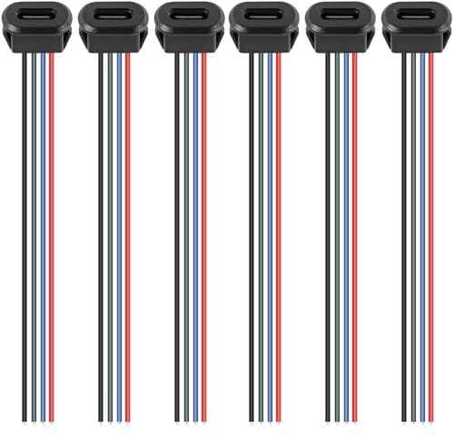 RUNCCI-YUN 6PCS USB Type-C Soldering Panel Mount Socket 4Pin USB C DIY Pigtail Bare Wire Power Cable, with Card Buckle with PD Function 150mm 24 AWG Wire （Black）