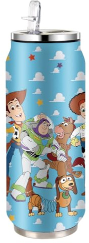 HOOKTA Buzz and Woody Botella de agua de acero inoxidable de 500 ml, botellas deportivas plegables con pajita, taza de bebida reutilizable para viajes, al aire libre, escuela (cielo azul)