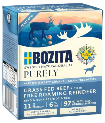 Bozita Purely 6 x 370g Rind & Rentier im Tetra | Getreidefreies Nassfutter für Hunde | Sehr Hoher Fleischanteil | mit Fleischstückchen | ohne Zucker & ohne künstliche Farbstoffe