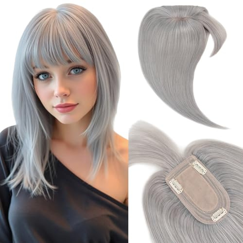 Elailite Hair Topper Echthaar Grau, Clip in Toupet Damen mit Pony, Clip in Haarteil, Haartopper Basis 7x13cm, 30cm 38g # Hellgrau