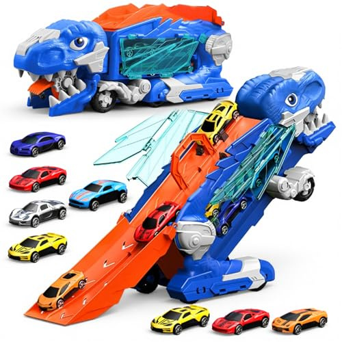 Dinosaure Camion Jouet avec 8 Voitures,Voitures Jouets pour Enfants de 3,4,5,6,7,8+Ans,Garage,Circuit de Course,Transforme en Dinosaure avec Ailes,Transporteur Camion,Cadeau d'anniversaire pour Garçon